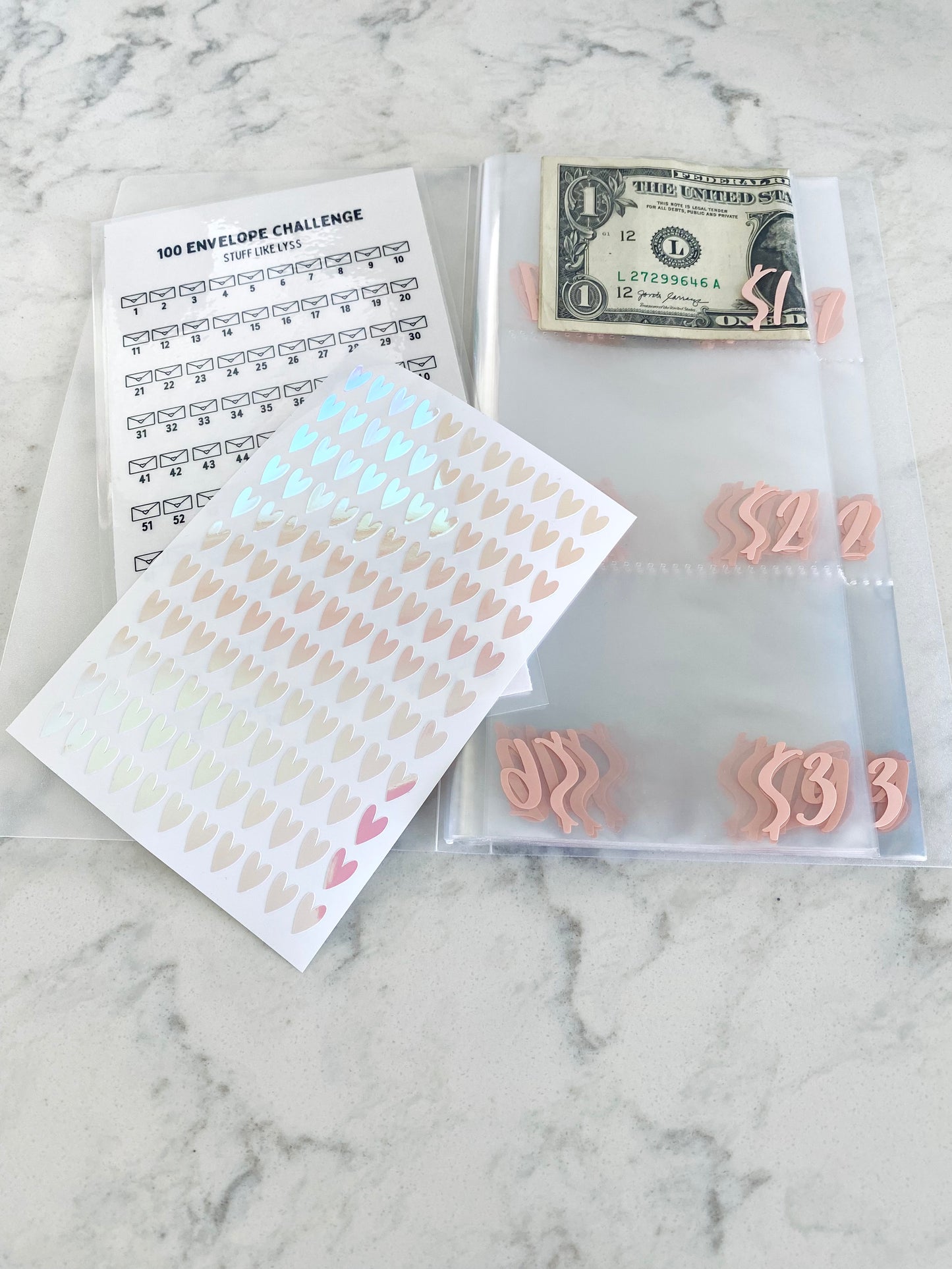 100 Envelope Challenge Booklet- Clear/Baby Pink